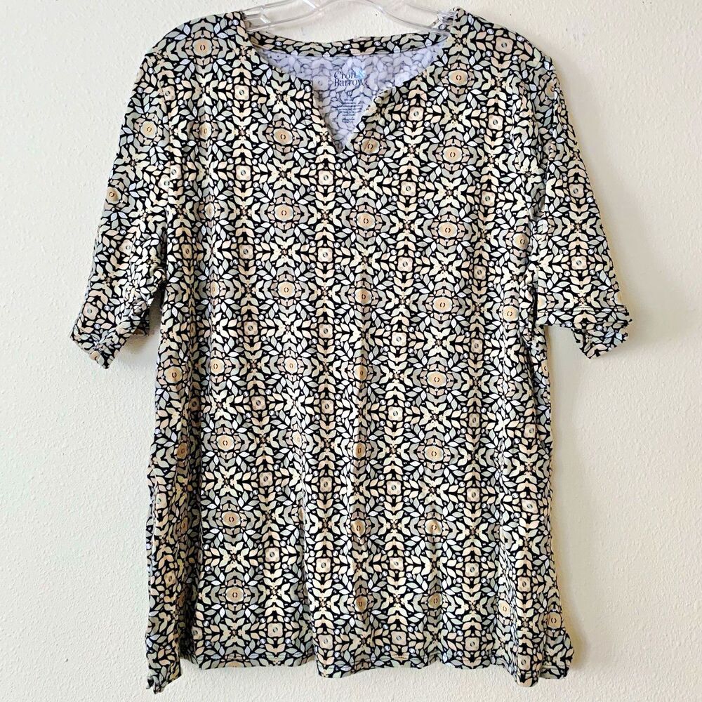 Croft & Barrow Womens Multicolor Geometric V-Neck Short Sleeve Cotton T-Shirt XL